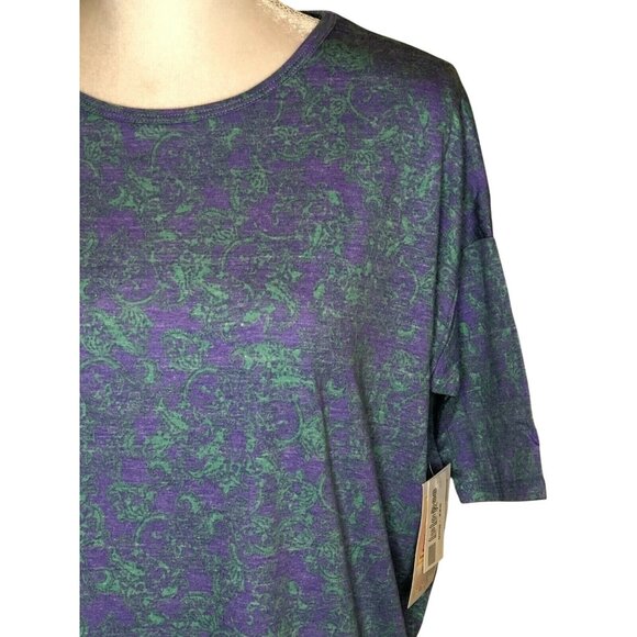 LuLaRoe Irma Top XXS Purple & Green Paisley Print High-Low Short Sleeve Tunic - Picture 2 of 10